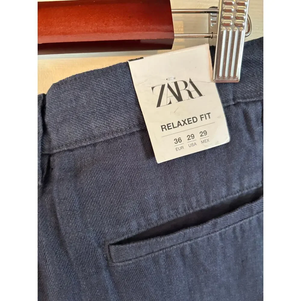 Zara Mens Relaxed Linen Pants Trousers straight Blue US 29 EU 36 NWT
